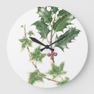 Stechpalmen-u. Efeu-botanische Wasserfarbe-Uhr Große Wanduhr