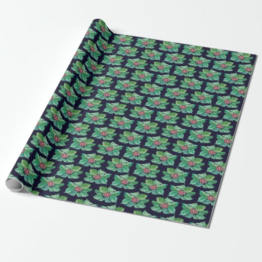 Stechpalmen-Weihnachtsmuster Geschenkpapier (Ungerollt)