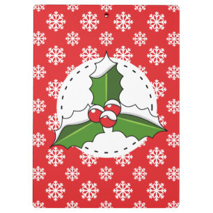 Stechpalmenbeere auf rotem Weißschneeflockenmuster Klemmbrett