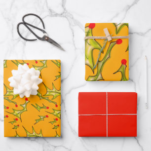 Stechpalmenblätter auf Gelbgold Geschenkpapier Set