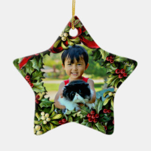Stechpalmewreath-Stern-Foto-personalisierte Keramik Ornament