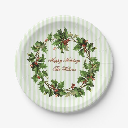 Stechpalmewreath-Vintages personalisiertes Pappteller (Vorderseite)