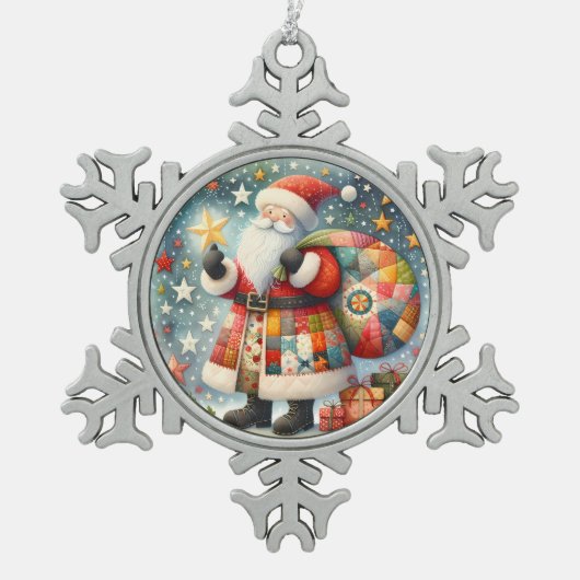 Stechwork Weihnachten mit Weihnachtsstern Schneeflocken Zinn-Ornament (Vorderseite)