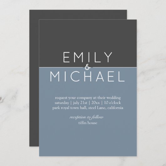 Steel Blue Modern Wedding Einladung - Bold (Vorne/Hinten)