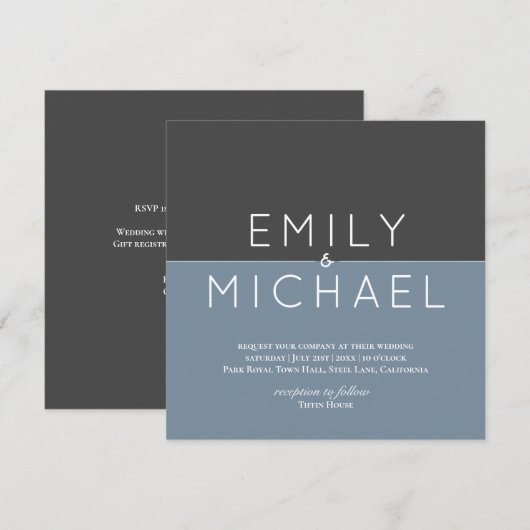 Steel Blue Modern Wedding Einladung - Bold (Vorne/Hinten)