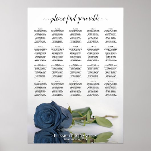 Steel Blue Rose 20 Table Wedding Seating Chart Poster (Vorne)