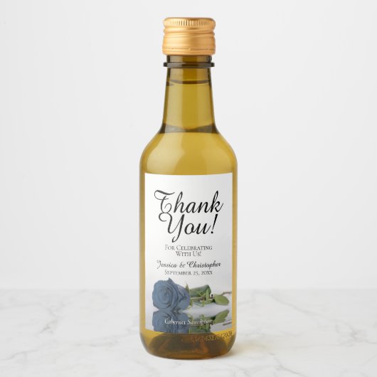 Steel Blue Rose Elegant Wedding Danke Mini Weinetikett (Vorderseite)