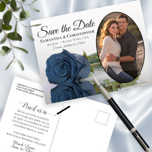Steel Blue Rose Oval Foto Wedding Save the Date Ankündigungspostkarte