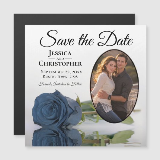 Steel Blue Rose Wedding Save the Date Foto Magnet (Vorne/Hinten)