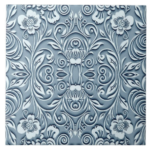 Steel Blue Symmetric Embossed Floral Design Fliese