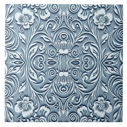 Steel Blue Symmetric Embossed Floral Design Fliese (Vorderseite)