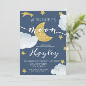 Steel Blue We are Over Moon Baby Shower Einladung (Stehend Vorderseite)
