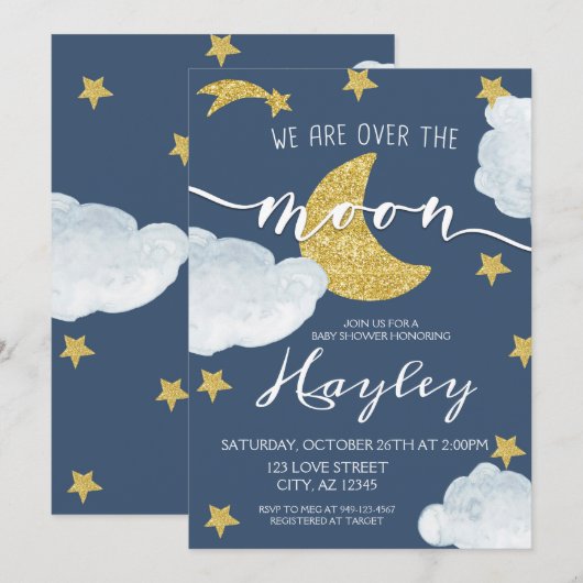 Steel Blue We are Over Moon Baby Shower Einladung (Vorne/Hinten)