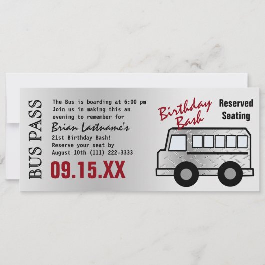Steel Design 21. Geburtstag Party Bus Pass Einladung (Vorderseite)