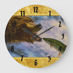 Steelhead salmon jumping into grizzly bears mouth große wanduhr