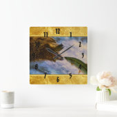 Steelhead salmon jumping into grizzly bears mouth quadratische wanduhr (Zuhause)