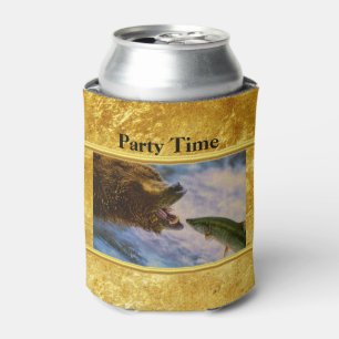 Steelkopflachs, der in den Mund von Grizzlybären s Dosenkühler