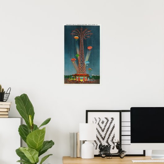 Steeplechase Park Parachute Jump View bei Nacht Poster (Heimbüro)