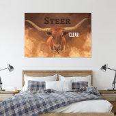 'Steer Clear' Longhorn Stretched Canvas Print Leinwanddruck (Insitu (Schlafzimmer))