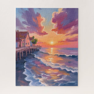 Steg am Meer Sonnenuntergang Ozeanwellen Goldene S Puzzle