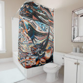 Steg mit braunem und blauem Holzschiff Duschvorhang (Beispiel)