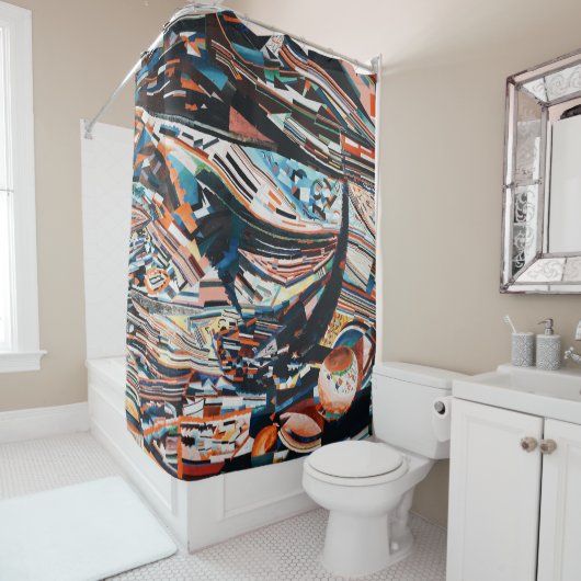 Steg mit braunem und blauem Holzschiff Duschvorhang (Beispiel)