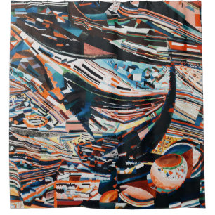 Steg mit braunem und blauem Holzschiff Duschvorhang