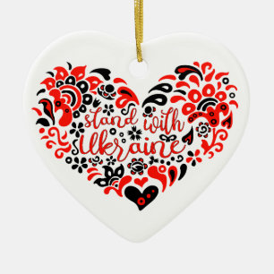 Stehen Sie mit ukrainischer Schrift und Herz Keramik Ornament