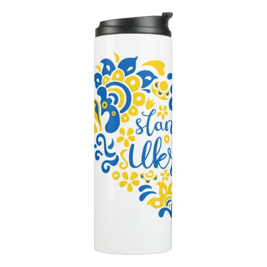 Stehen Sie mit ukrainischer Schrift und Herz Thermosbecher (Nach links gedreht)