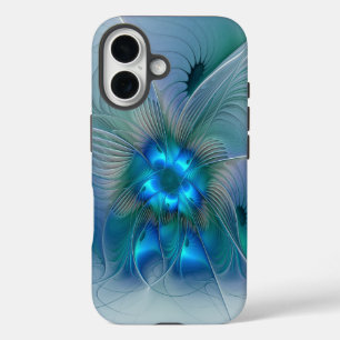 Stehende Ovationen, abstrakte blaue Türkis-Fraktal iPhone 16 Hülle