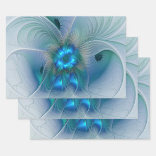 Stehende Ovationen, abstrakte blaue Türkis-Fraktal Geschenkpapier Set