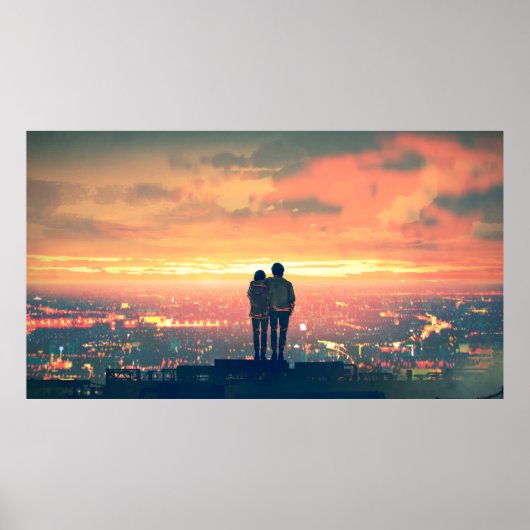 stehendes junges Paar auf dem Dach mit Blick auf c Poster (Vorne)