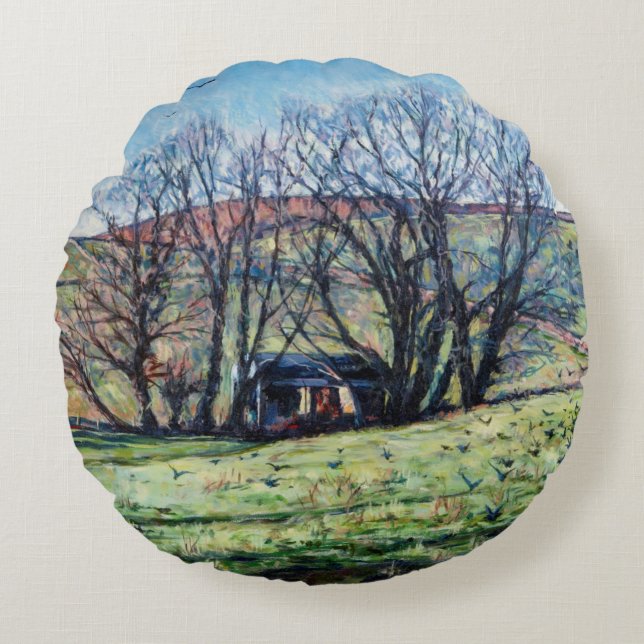 Steigende Krähen 2009 Rundes Kissen (Vorderseite)