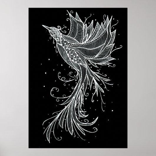 Steigende Phoenix weiß auf schwarzem Lineart Poste Poster (Vorne)