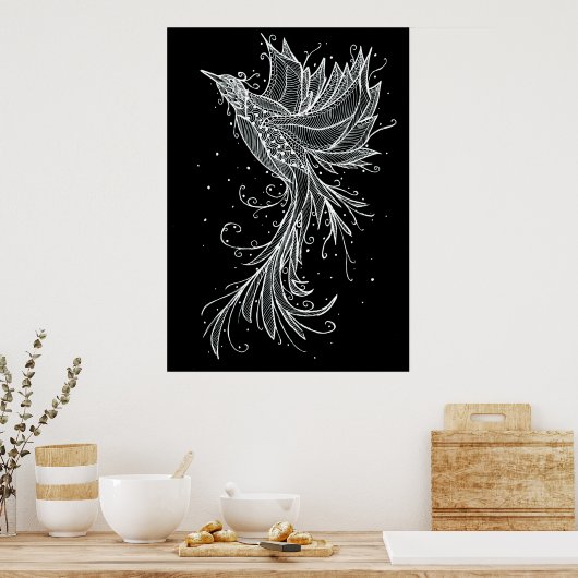 Steigende Phoenix weiß auf schwarzem Lineart Poste Poster (Küche)