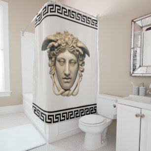 Stein Beige Medusa Griechischer Schlüssel Designer Duschvorhang