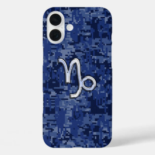 Steinbock-Sternzeichen auf navyblauem Tarnmuster iPhone 16 Plus Hülle