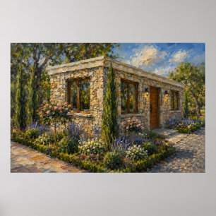 Steincottage-Rosen- und Lavendelgarten-Ölgemälde Poster