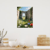 Steinmauer-Ruine Wiesenblumen Kunst Poster (Küche)