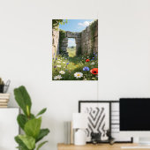 Steinmauer-Ruine Wiesenblumen Kunst Poster (Heimbüro)