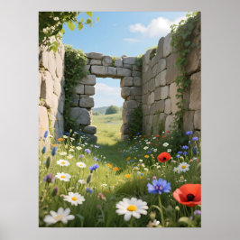 Steinmauer-Ruine Wiesenblumen Kunst Poster
