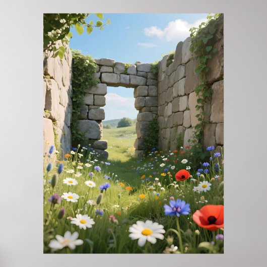 Steinmauer-Ruine Wiesenblumen Kunst Poster (Vorne)