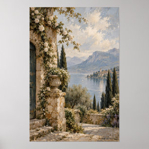 Steinterrasse am See mit weißen Rosen als Wandkuns Poster