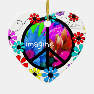 Stell dir Frieden Symbol und Retro-Blumen vor Keramikornament