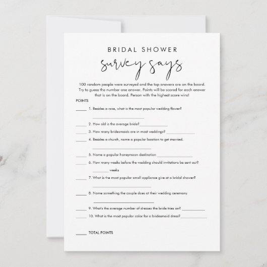 STELLA Minimal Brautparty Survey sagt Spiel Einladung (Vorderseite)