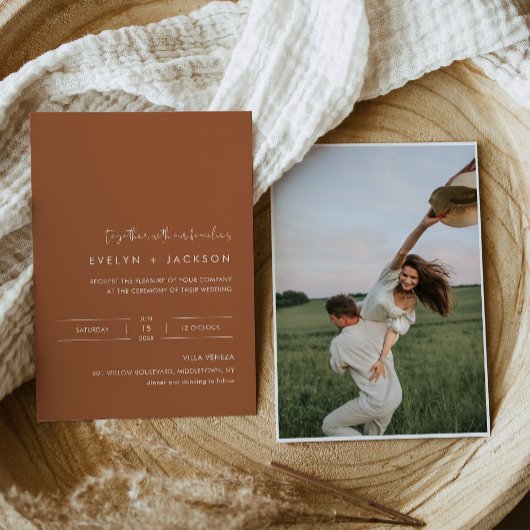 STELLA Minimalistisch Terracotta Foto Wedding Einladung