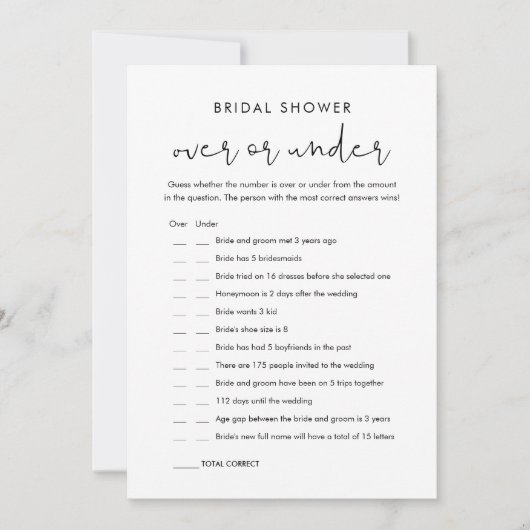 STELLA Over oder Under Brautparty Game Card Einladung (Vorderseite)