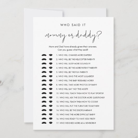 STELLA Wer sagte es Mommy Daddy Baby Game Card Einladung (Vorderseite)