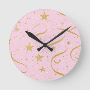 Stellar Time - Pink & Gold Star Digital Clock Runde Wanduhr