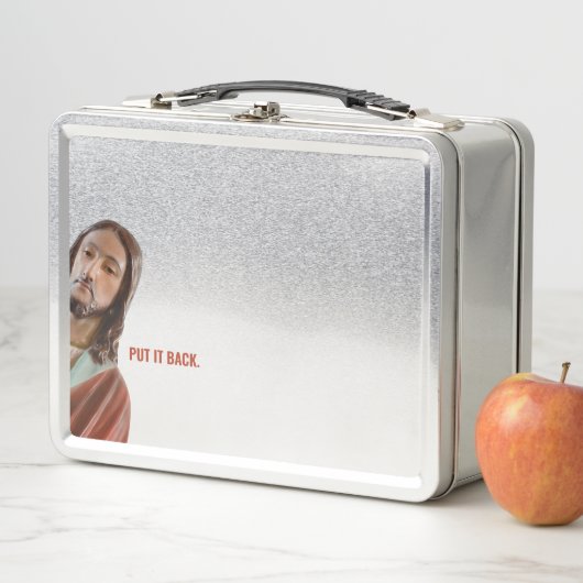 Stellen Sie den strahlenden Jesus auf weißem Hinte Metall Brotdose (Beispiel)